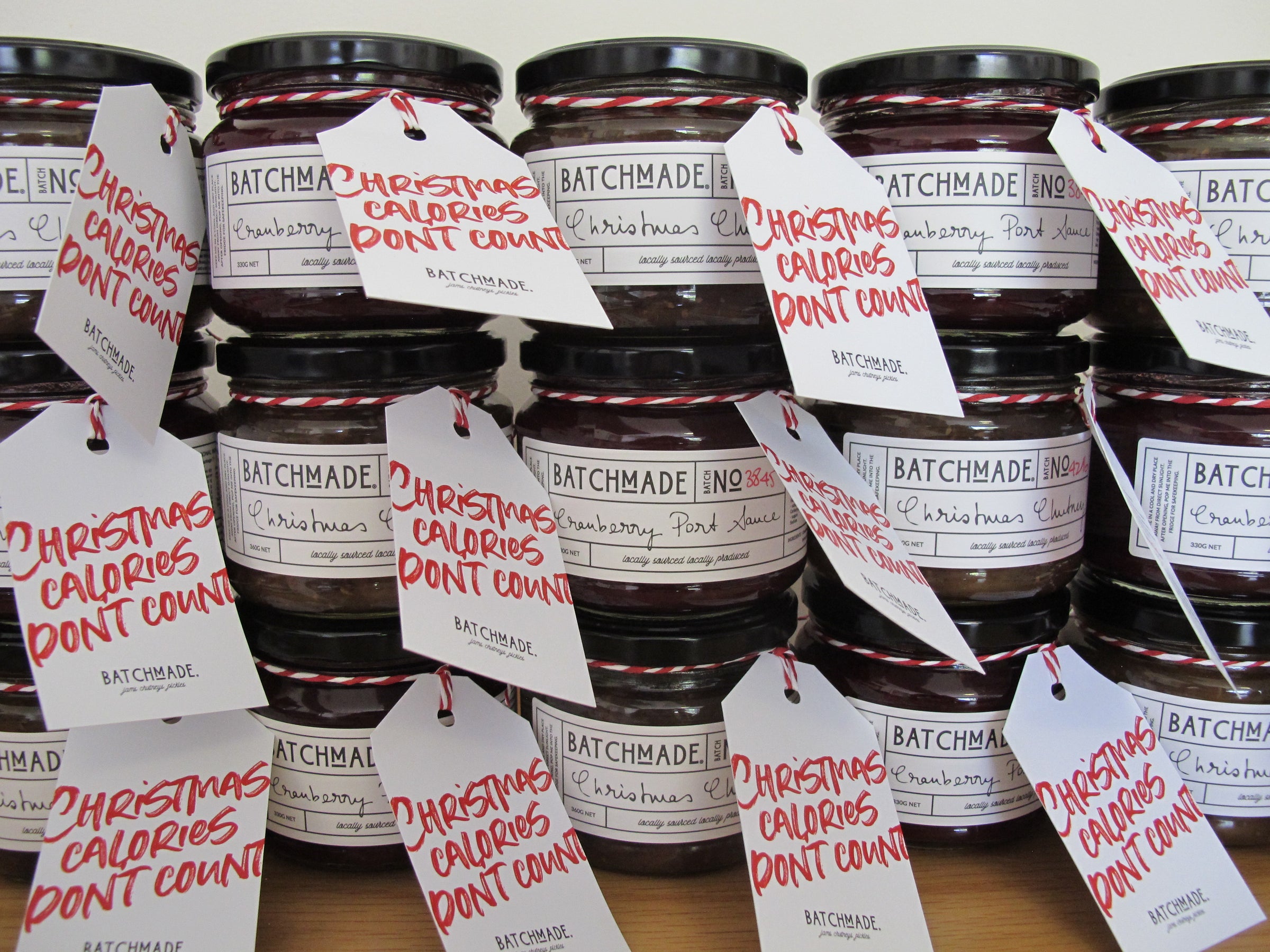 Wall of BatchMade preserves for Christmas - inc tag Christmas calories don't count