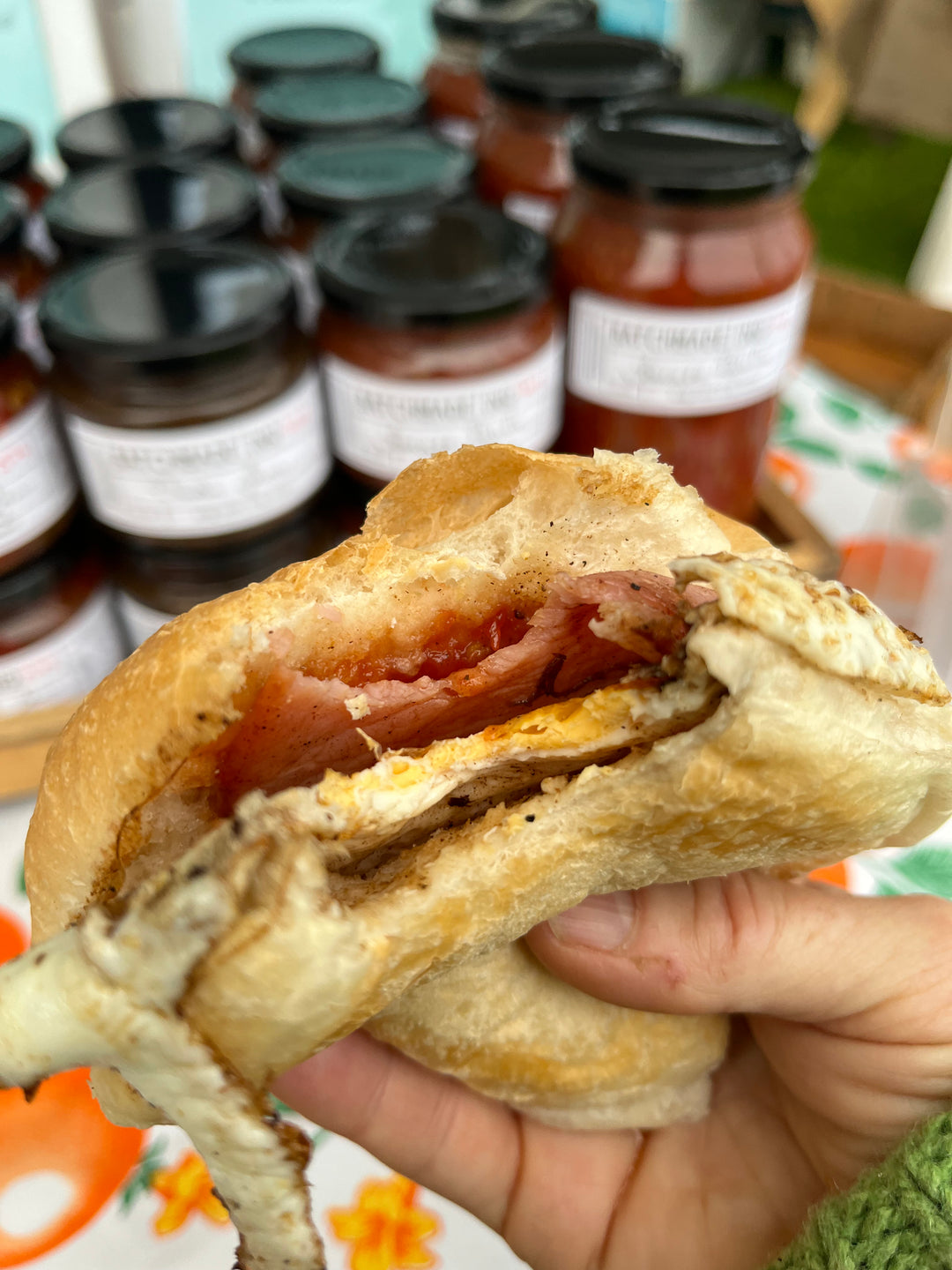 Egg and bacon sandwich with BatchMade tomato relish